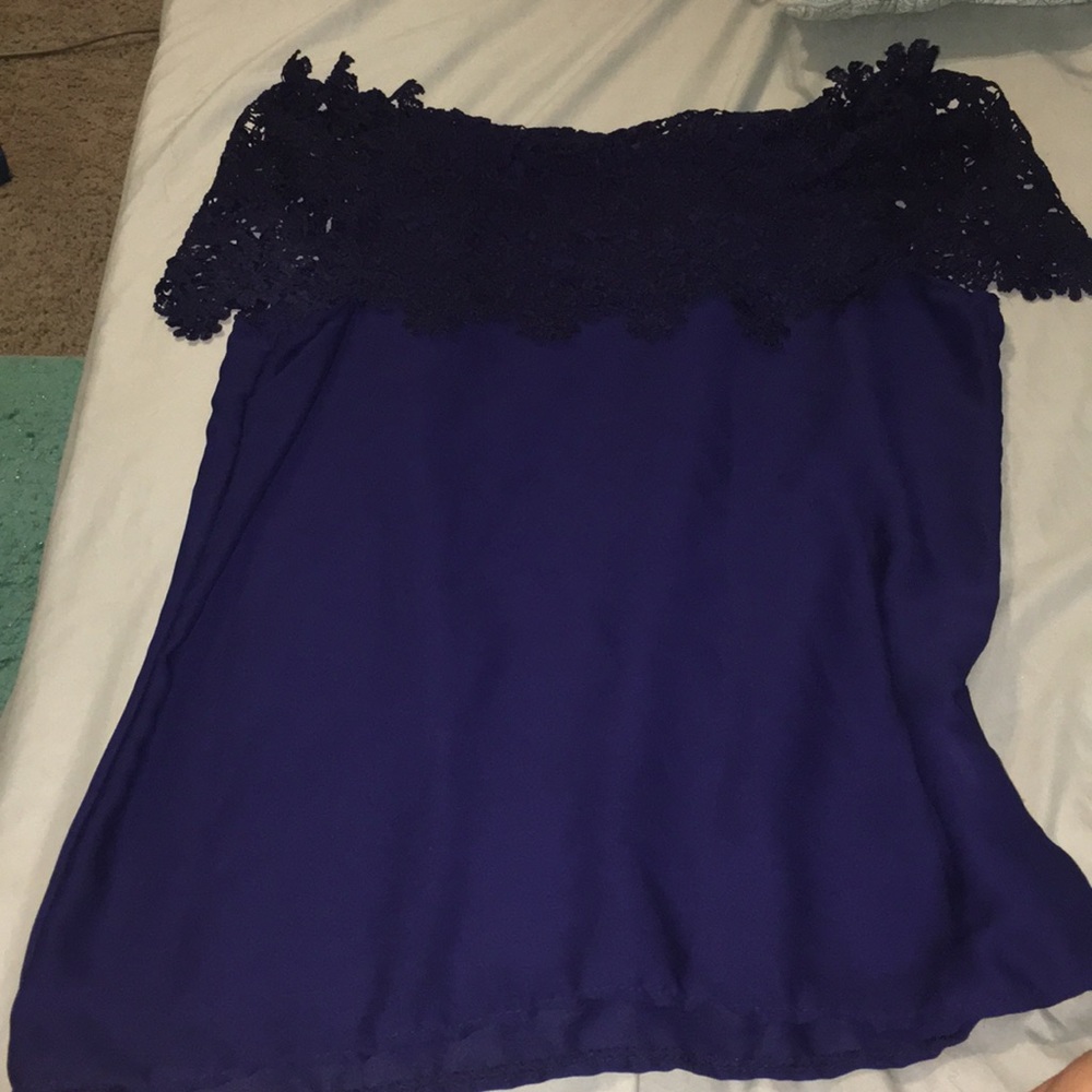 Blue flower off the shoulder shirt
